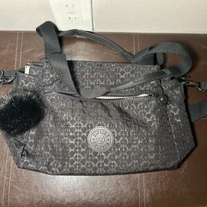 Black Patterned Kipling Shoulder Bag with Pom Pom